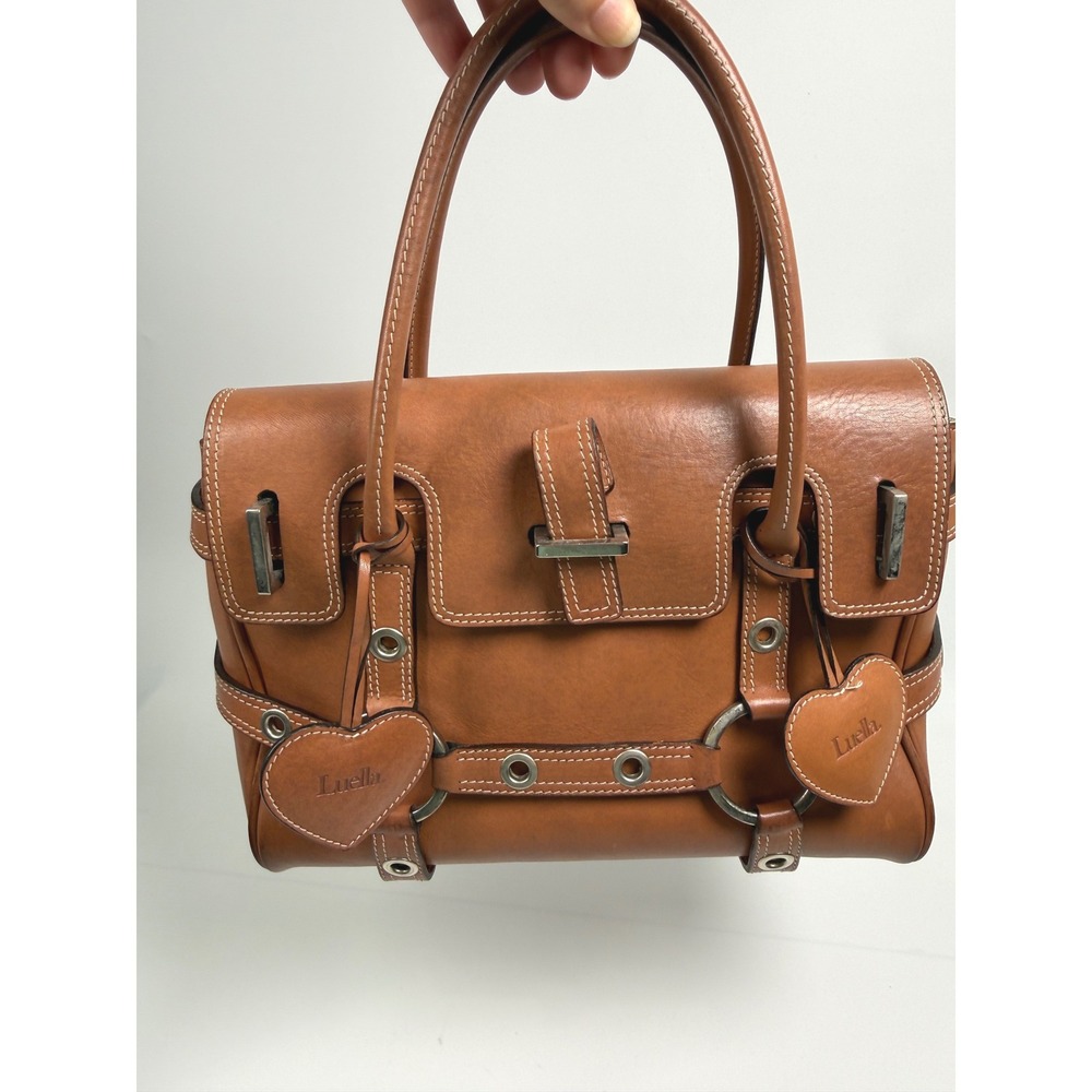 Luella Bartley Gisele Tan Leather Satchel Heart Charms Handle Bag Y2K Vtg Purse